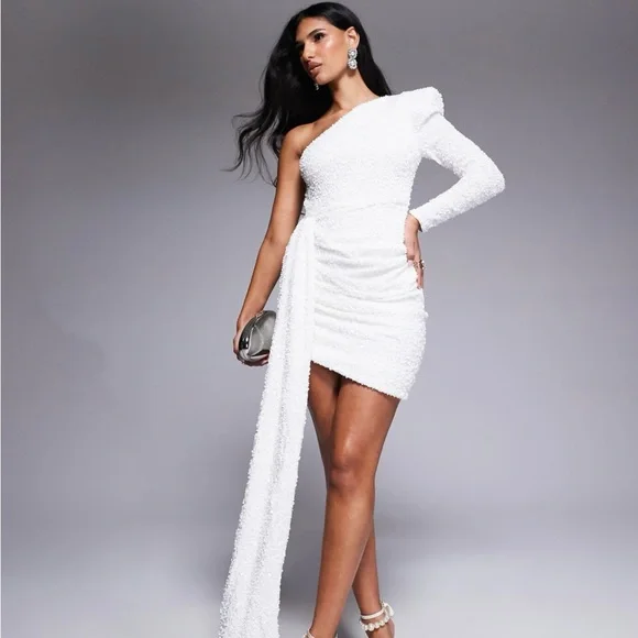 strapless open back dress Fortuna White Ruched Mini Dress With One-Sleeve – Club L London main image 1